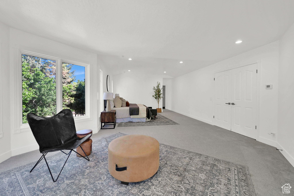 Living area featuring carpet floors, baseboards, and recessed lighting