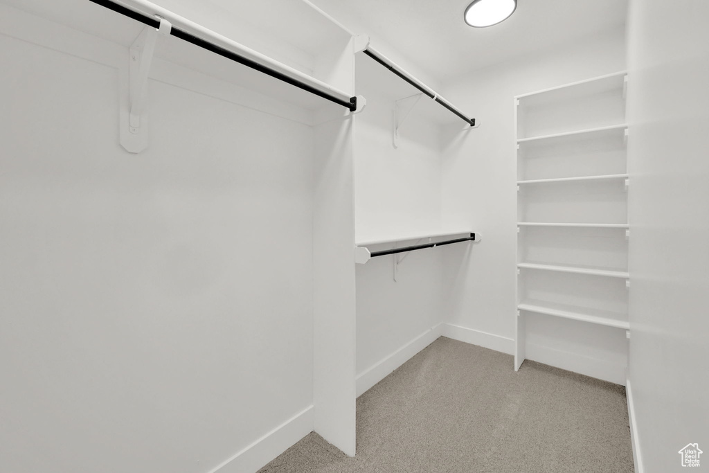 Walk in closet featuring light carpet
