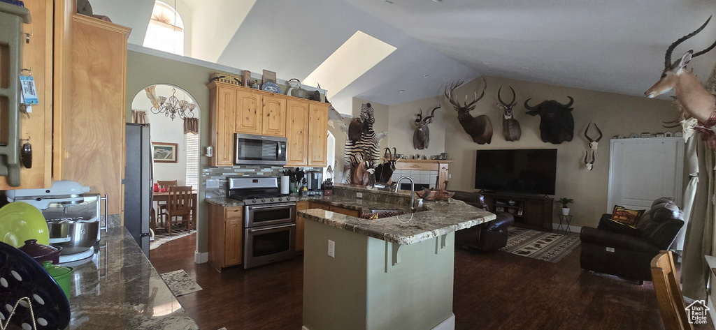 Kitchen with stainless steel appliances, a sink, a peninsula, dark wood-type flooring, and vaulted ceiling