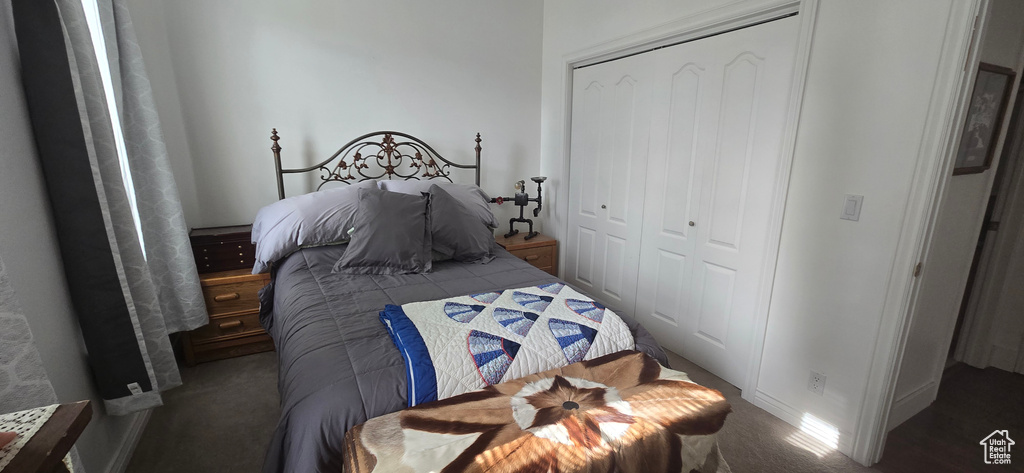 Carpeted bedroom with a closet