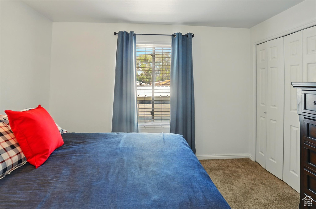 Carpeted bedroom with baseboards and a closet