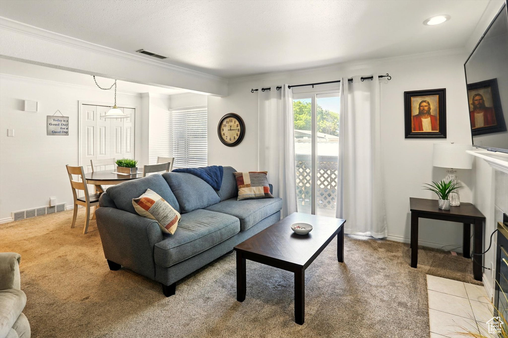 Living room with light carpet, crown molding, and baseboards