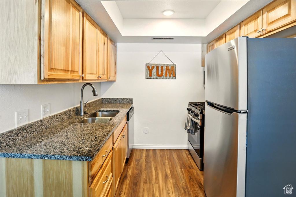 Kitchen with appliances with stainless steel finishes, a sink, dark wood finished floors, baseboards, and dark stone counters