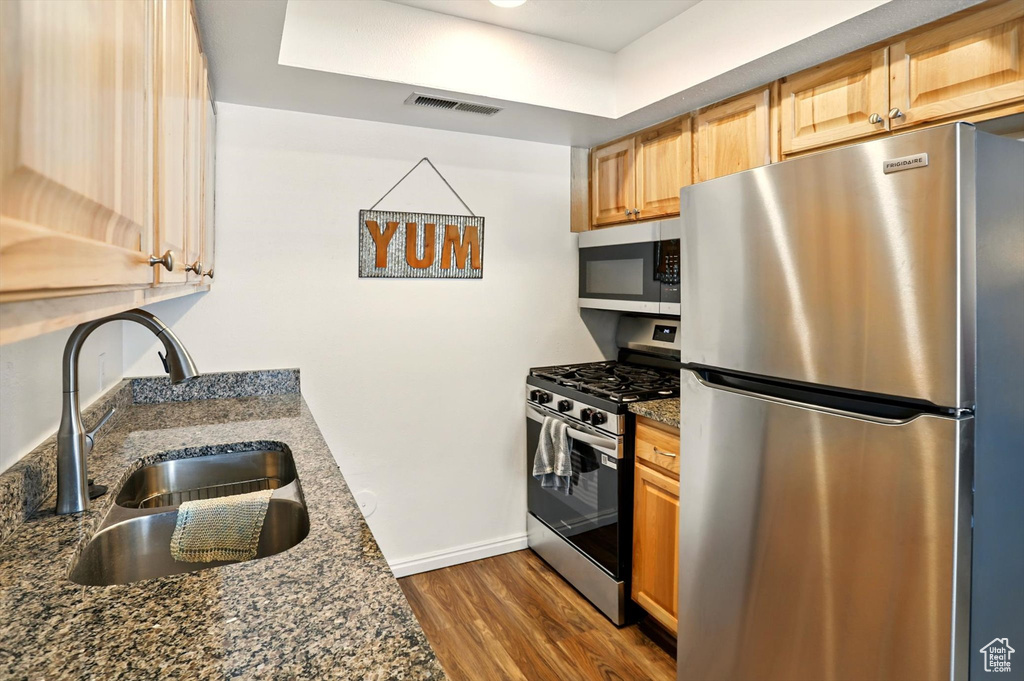 Kitchen with stainless steel appliances, a sink, dark wood-style floors, baseboards, and dark stone countertops