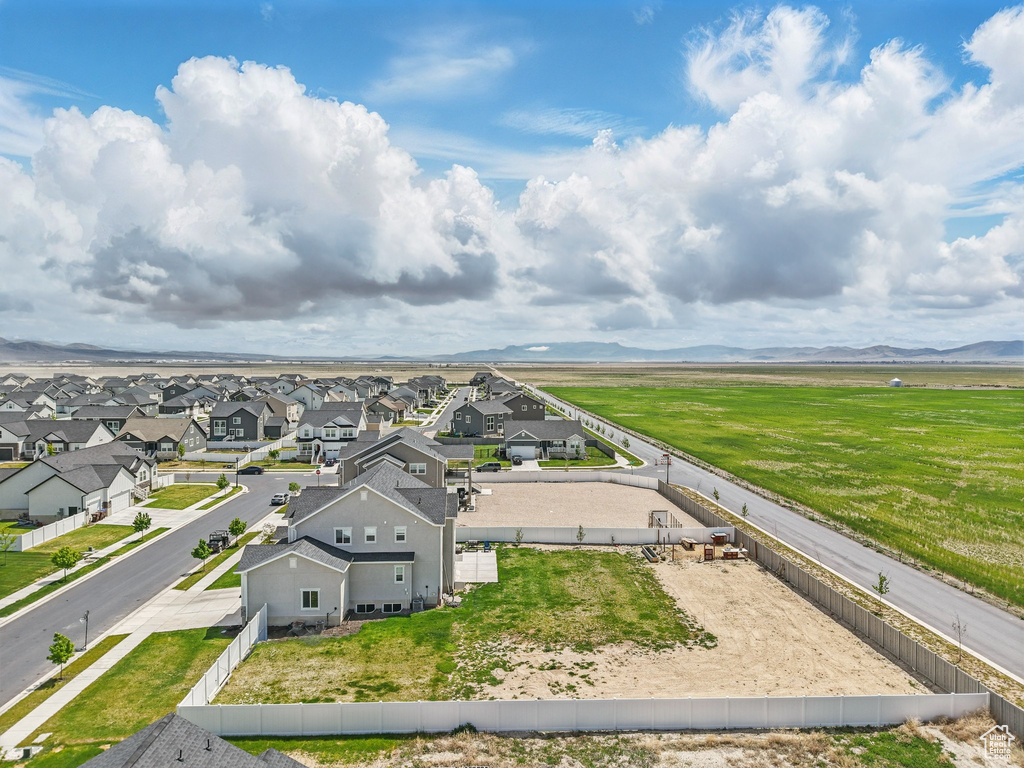 Aerial perspective of suburban area featuring mountains