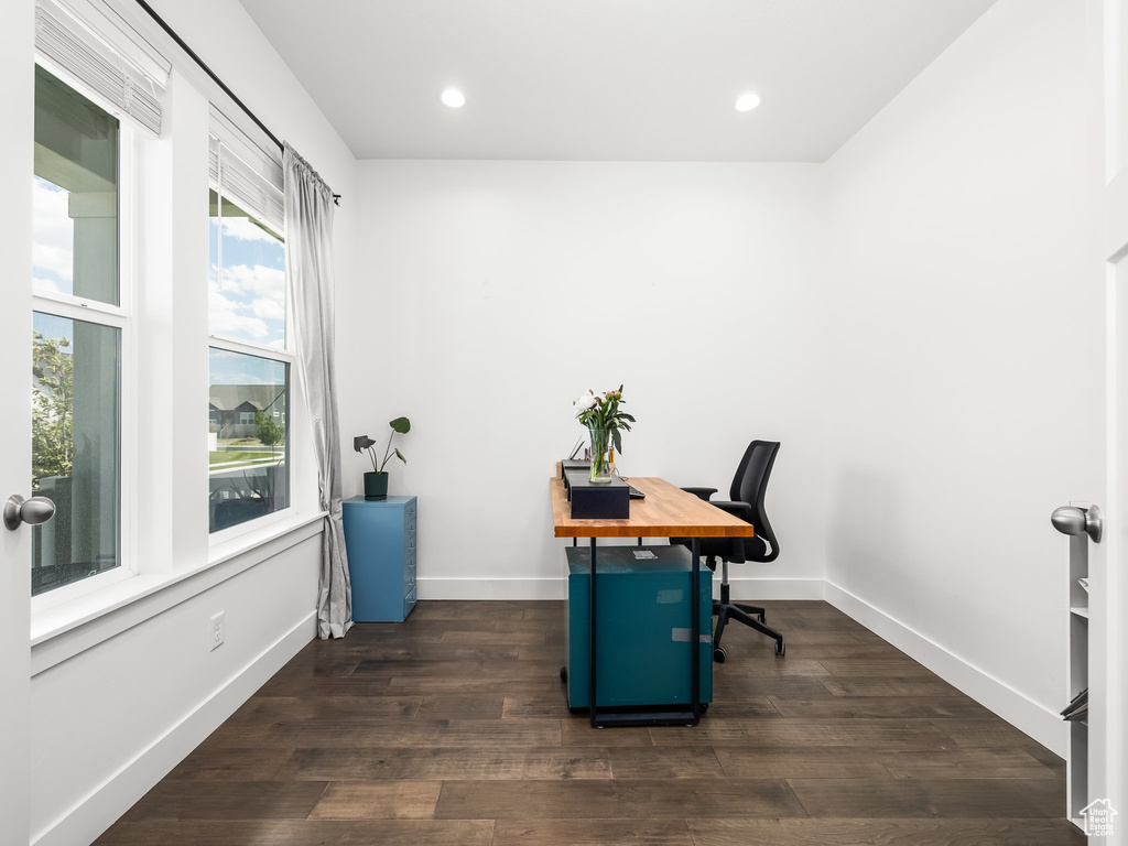 Office featuring dark wood-style flooring, baseboards, and recessed lighting