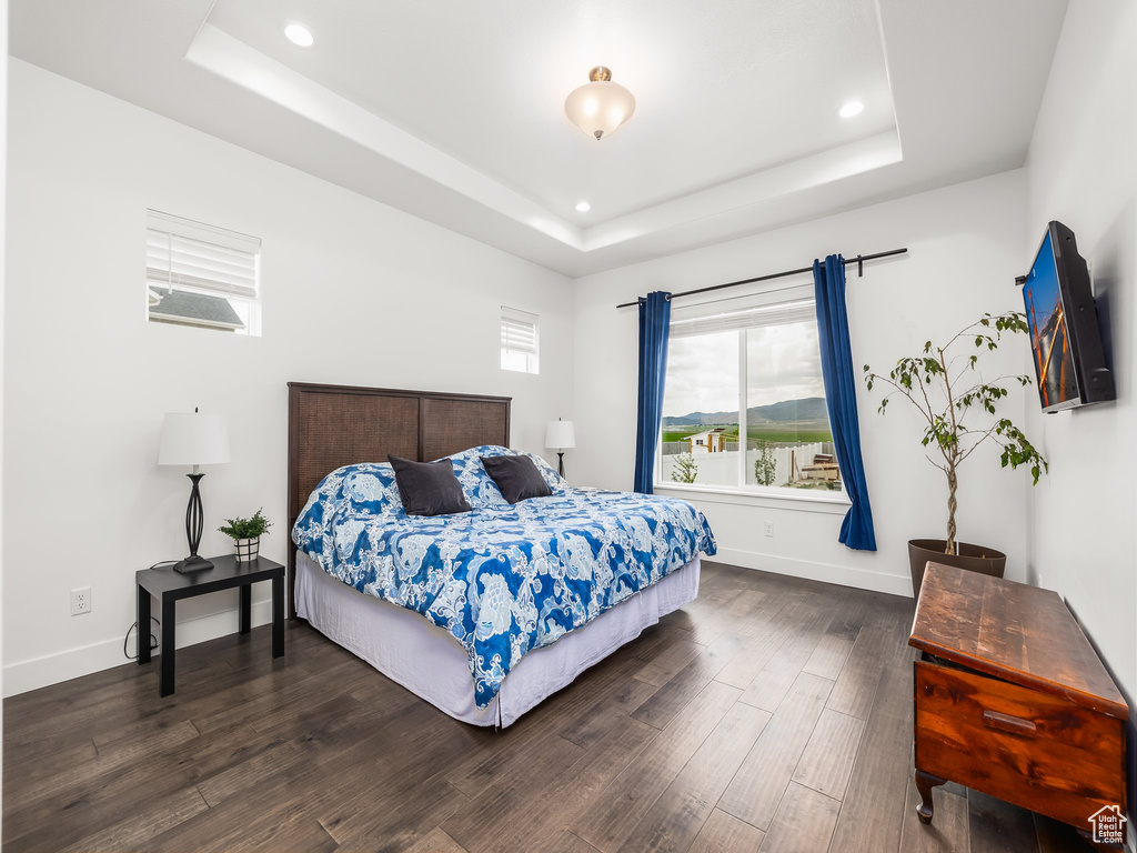 Bedroom featuring a tray ceiling, recessed lighting, dark wood-type flooring, and baseboards