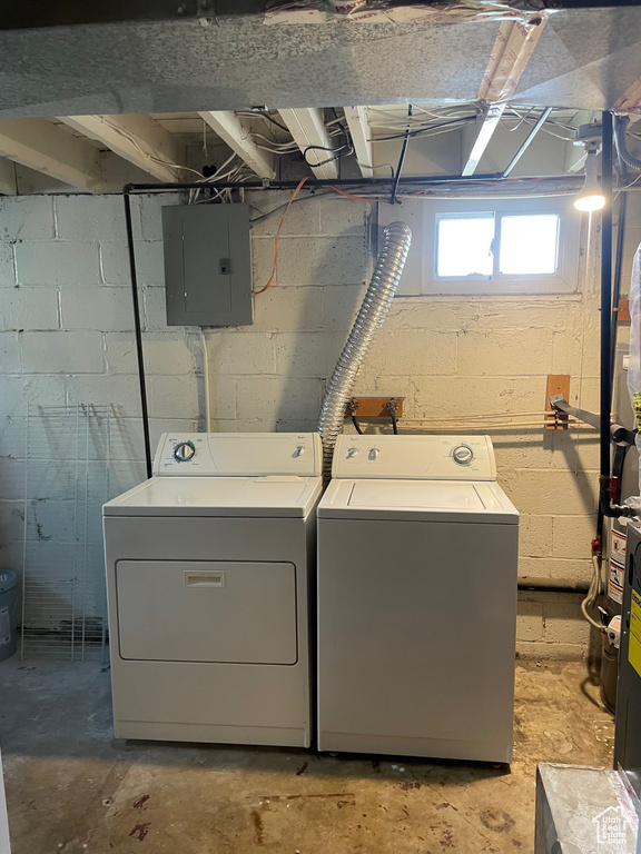 Washroom featuring washing machine and dryer and electric panel
