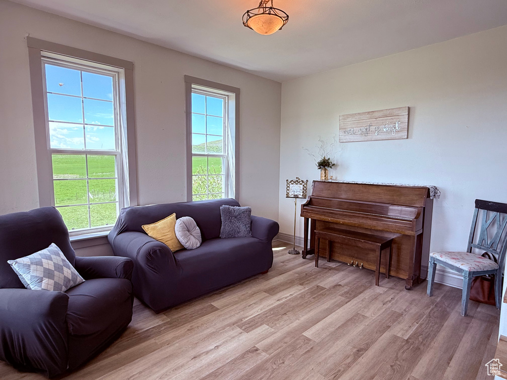 Living room featuring light wood-style flooring