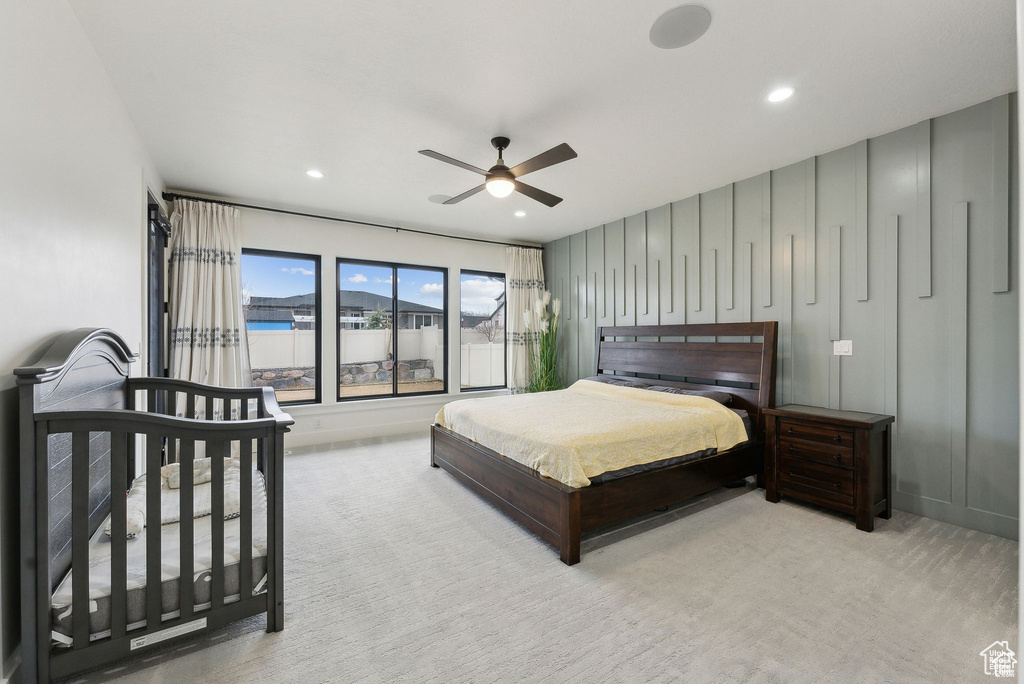 Bedroom with carpet, recessed lighting, and ceiling fan