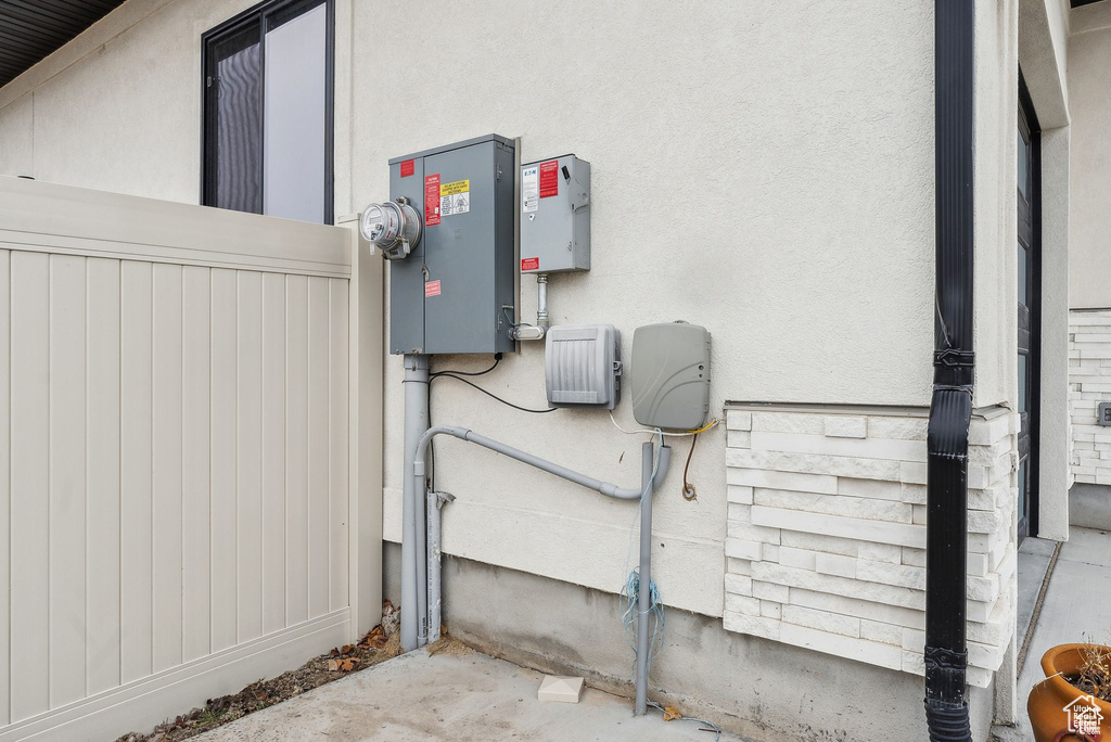 Exterior view of stucco siding and electric meter