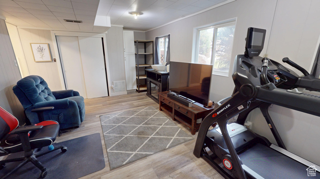 Exercise area featuring light wood-style floors and ornamental molding