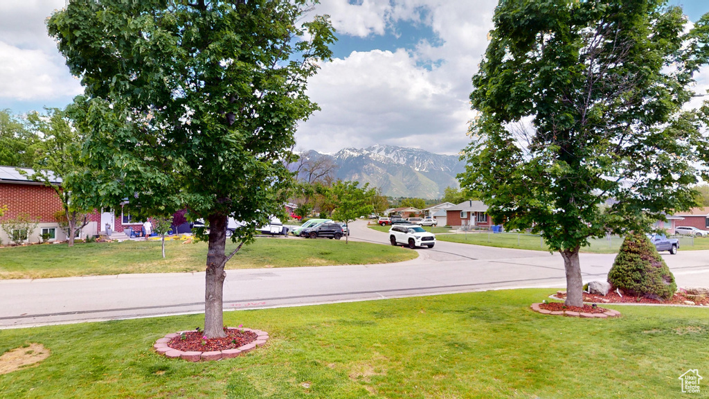 View of green lawn with a mountain view