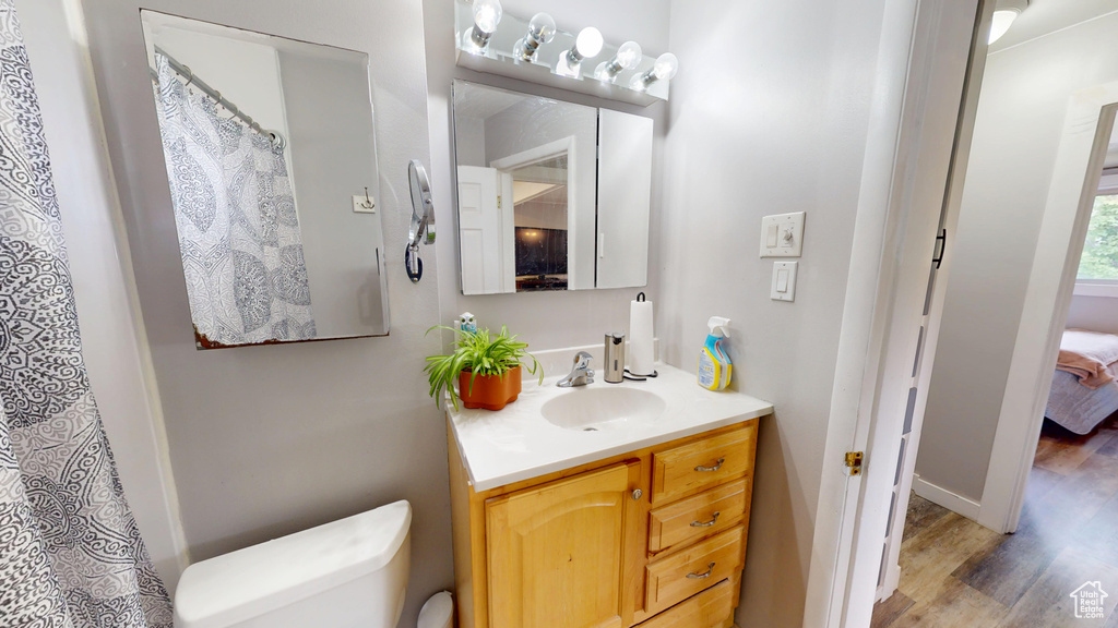 Bathroom with vanity, wood finished floors, toilet, and ensuite bathroom