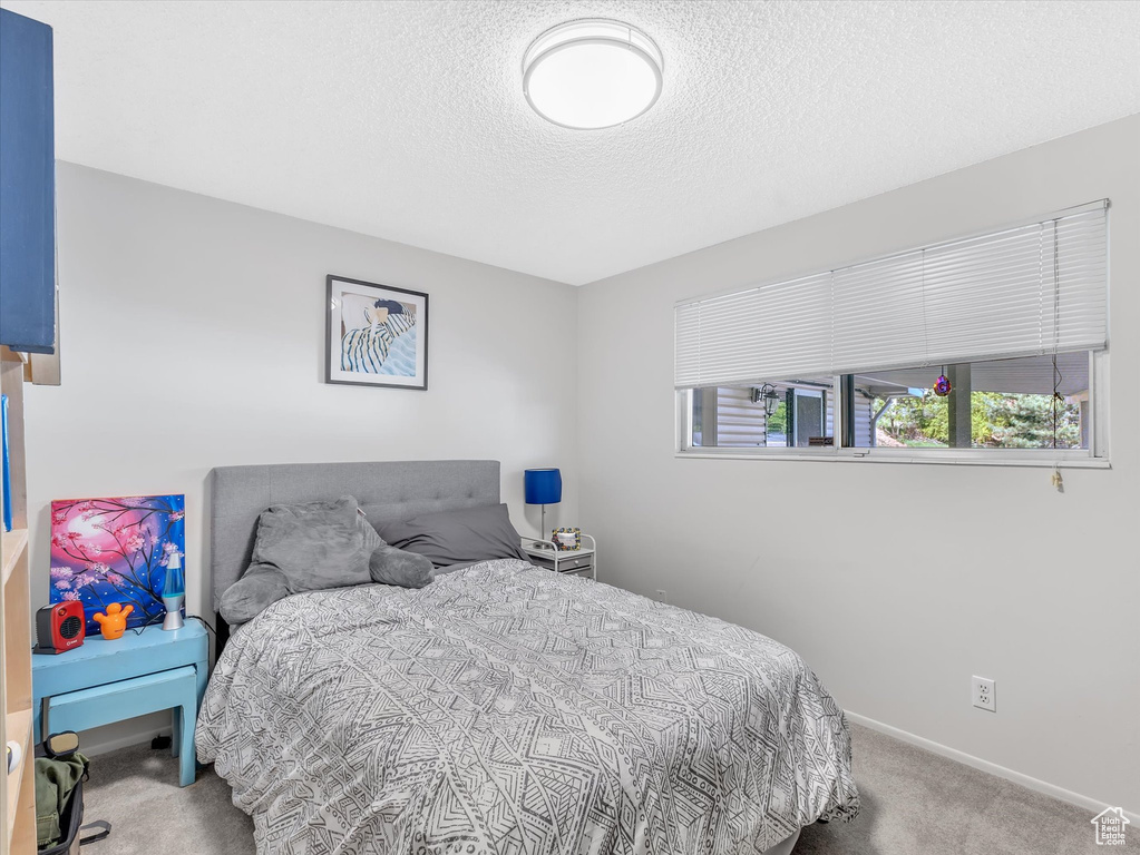 Carpeted bedroom with a textured ceiling and baseboards