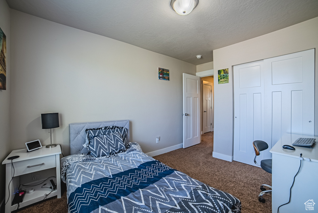 Bedroom featuring carpet floors, baseboards, a closet, and a textured ceiling