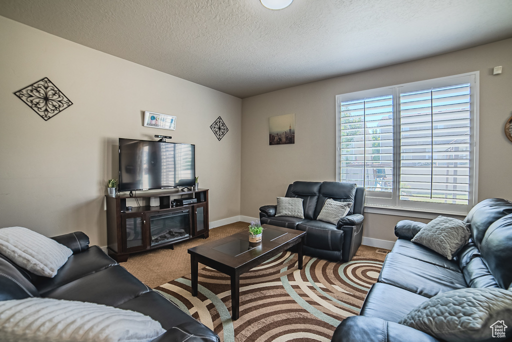 Living area with carpet floors, baseboards, and a textured ceiling