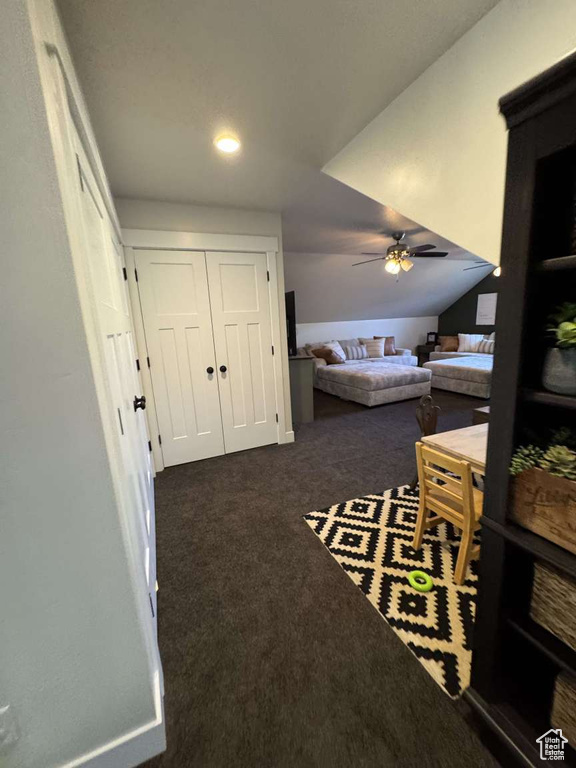 Carpeted bedroom featuring recessed lighting, a closet, and ceiling fan