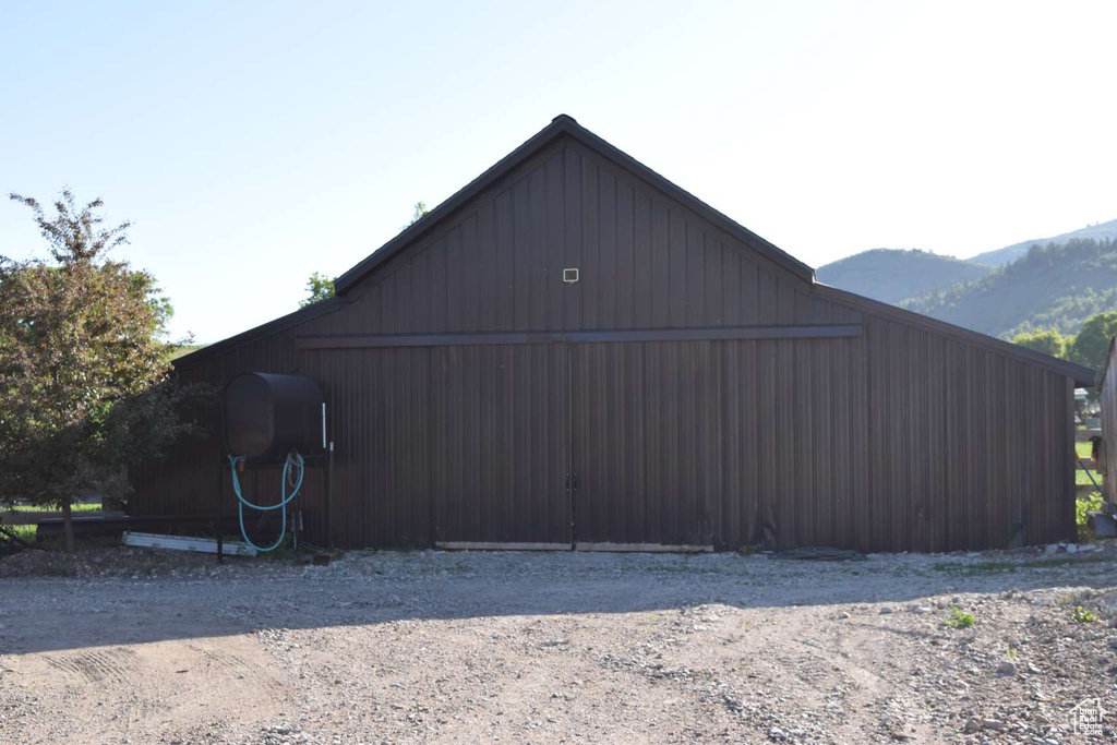 View of pole building featuring a mountain view