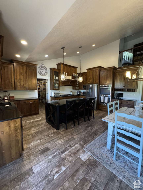 Kitchen featuring dark countertops, a center island, stainless steel appliances, lofted ceiling, and dark wood-style flooring