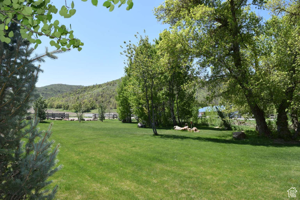 View of grassy yard featuring a mountain view and a rural view