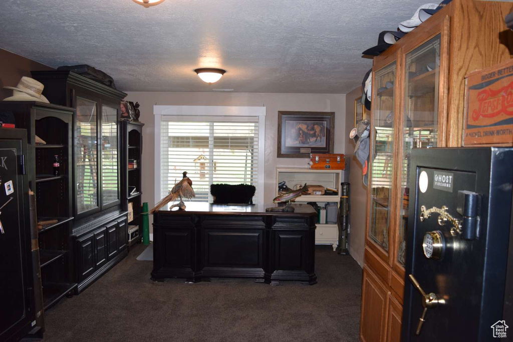 Office area featuring a textured ceiling and dark colored carpet