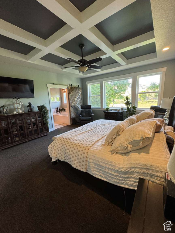Bedroom with coffered ceiling, carpet, beamed ceiling, and a ceiling fan