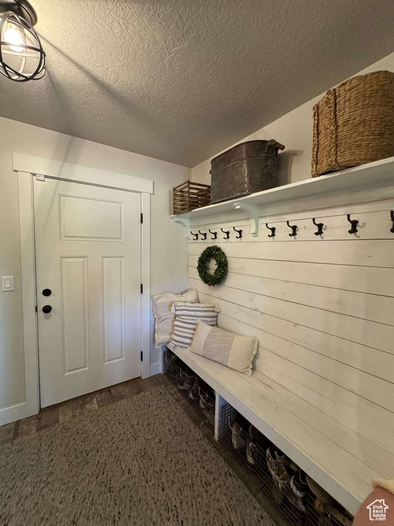 Mudroom with a textured ceiling, baseboards, and wood finished floors