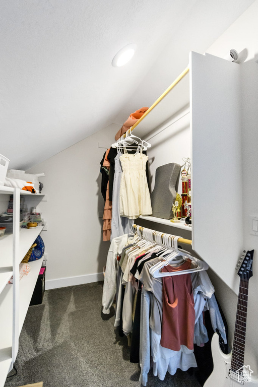 Spacious closet featuring lofted ceiling and carpet floors