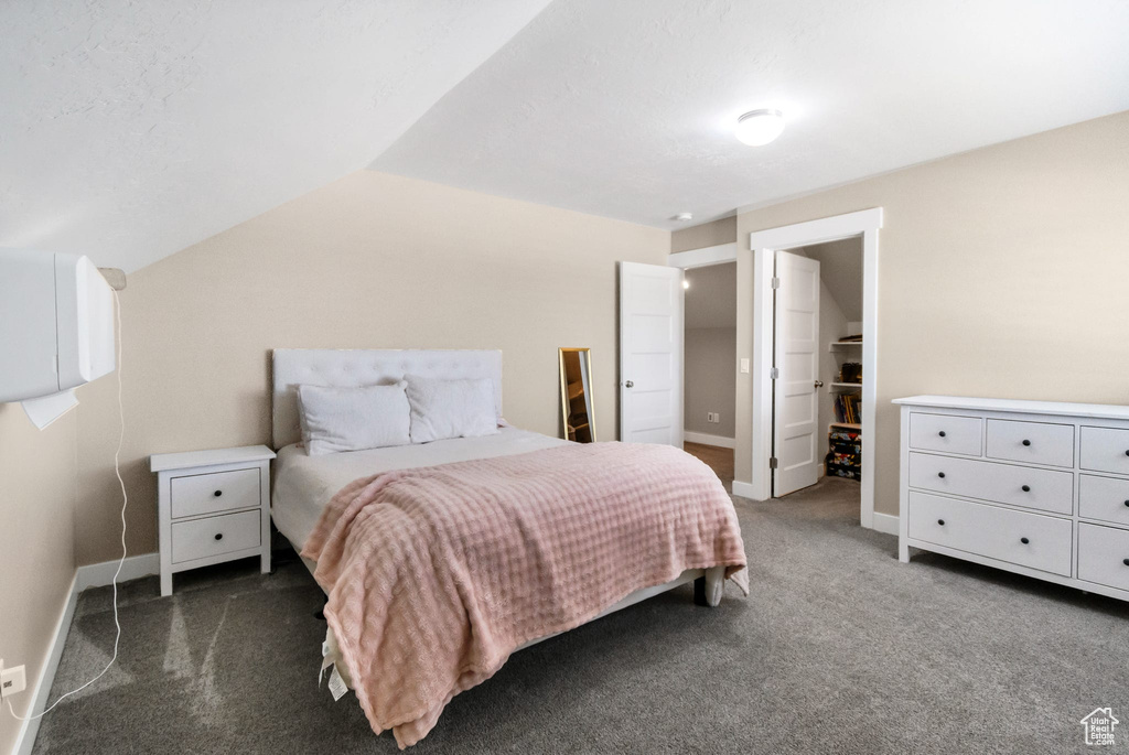 Carpeted bedroom with vaulted ceiling, baseboards, and a spacious closet
