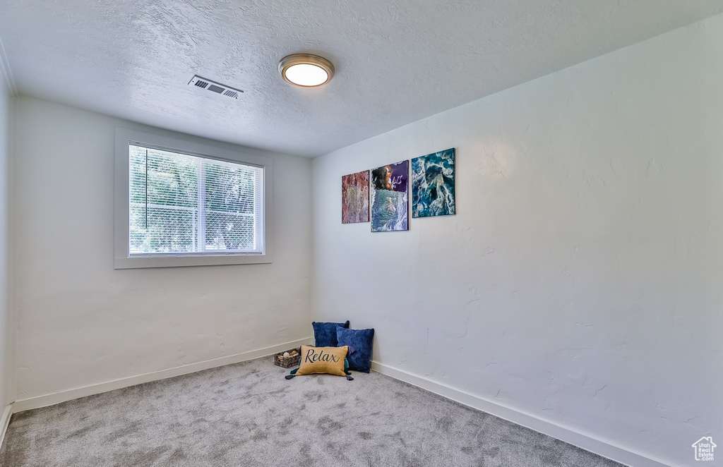 Spare room with a textured ceiling, carpet flooring, and baseboards