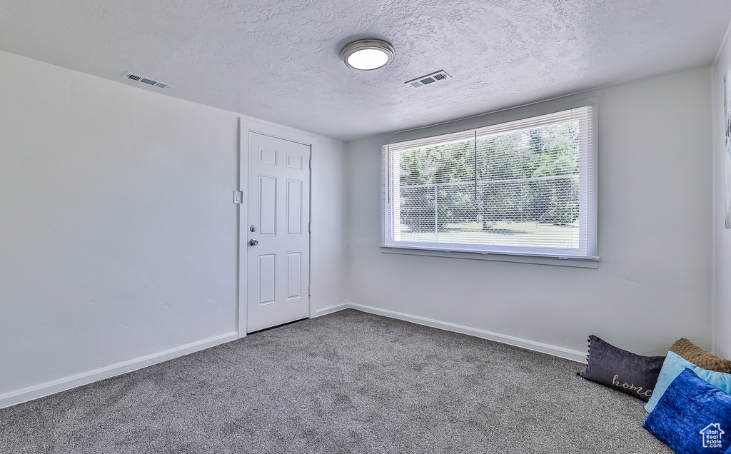 Carpeted spare room featuring a textured ceiling and baseboards