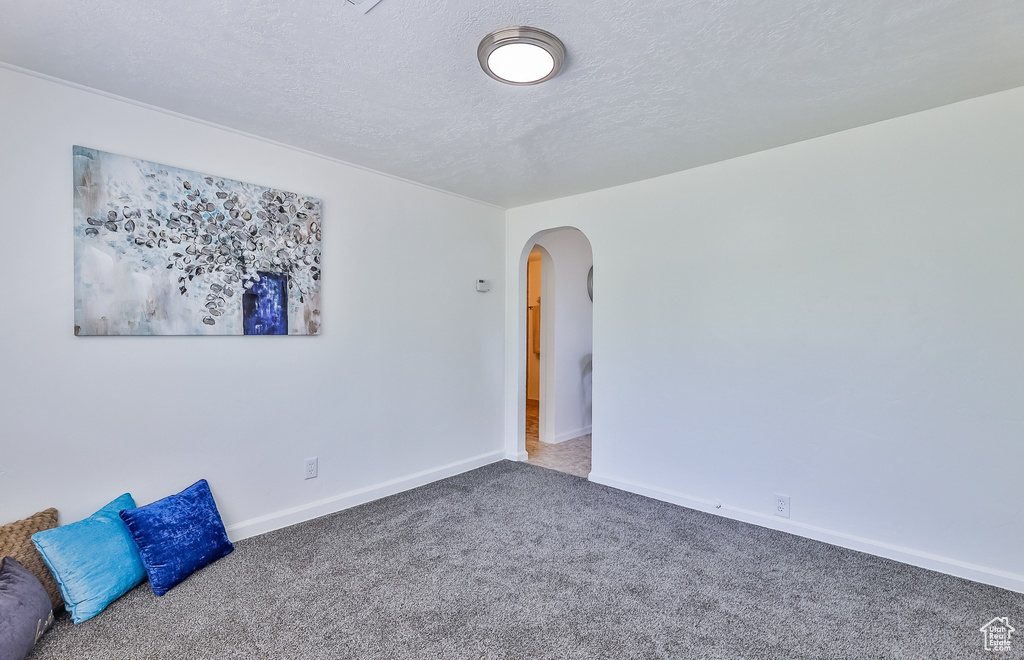 Unfurnished room featuring arched walkways, carpet, baseboards, and a textured ceiling