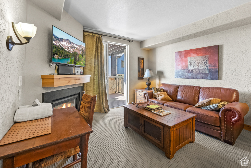 Living area with a glass covered fireplace and a textured wall