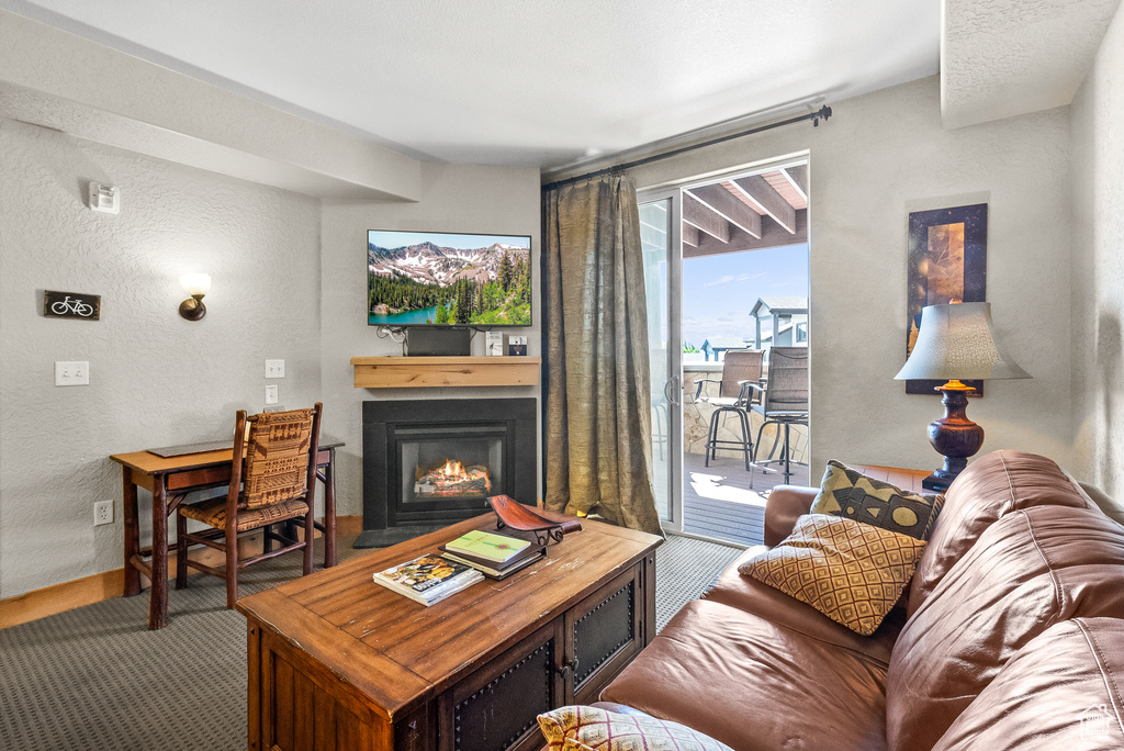Living area with a glass covered fireplace, a textured wall, carpet flooring, and baseboards