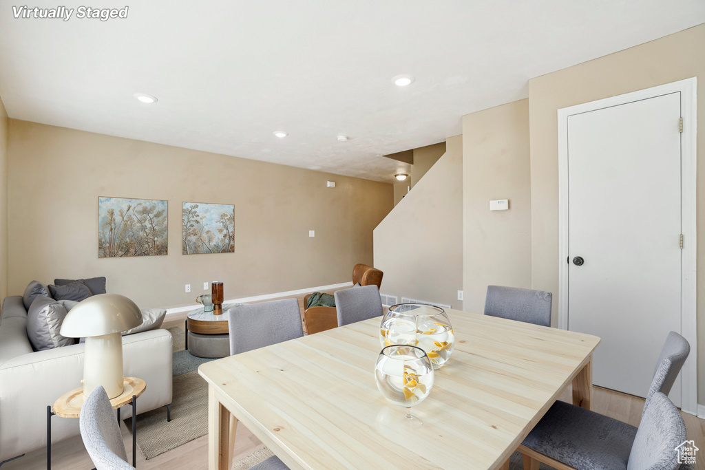 Dining space with recessed lighting