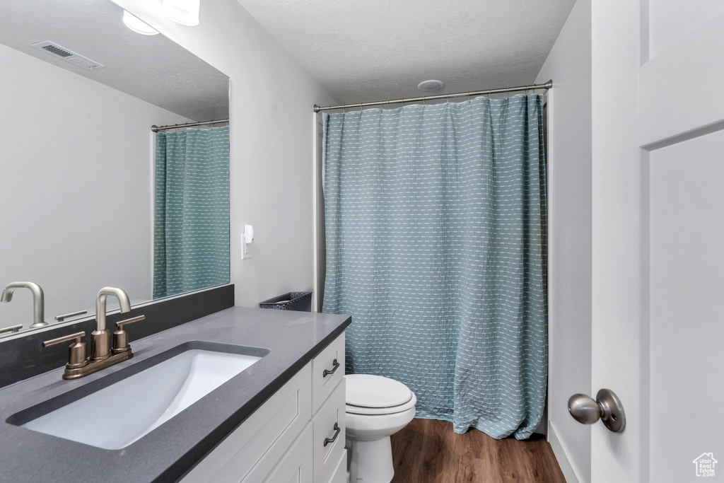 Bathroom with wood finished floors, vanity, toilet, and a shower with shower curtain