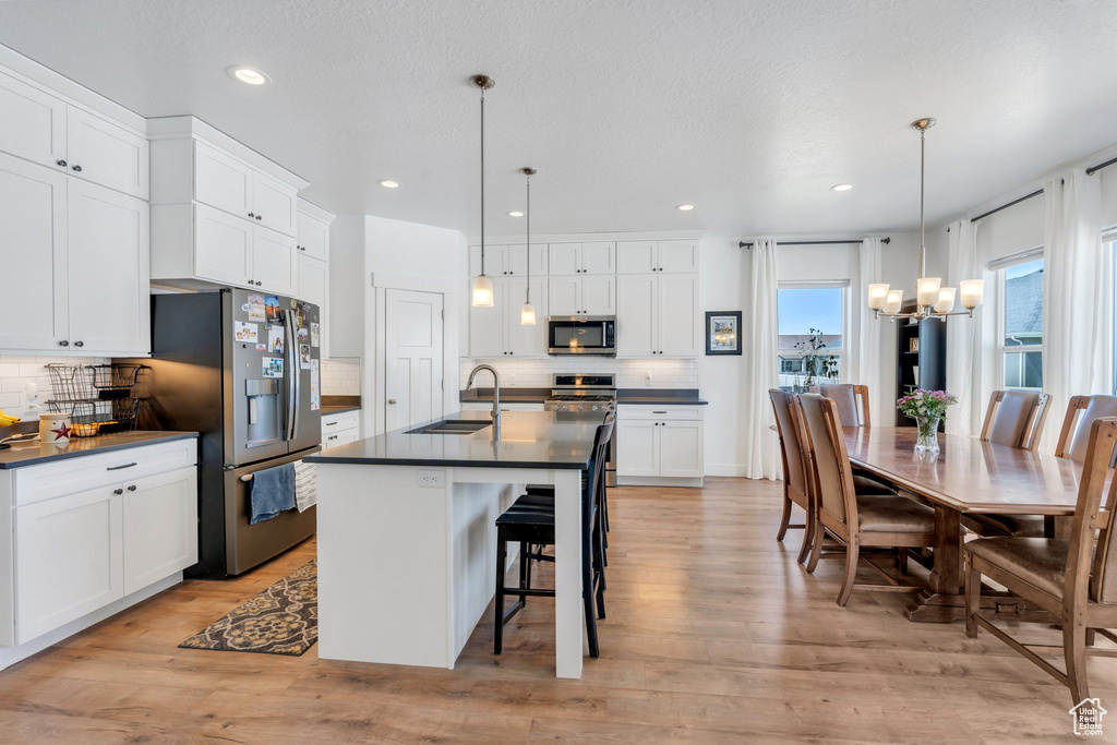 Kitchen with stainless steel appliances, dark countertops, a sink, a chandelier, and decorative backsplash