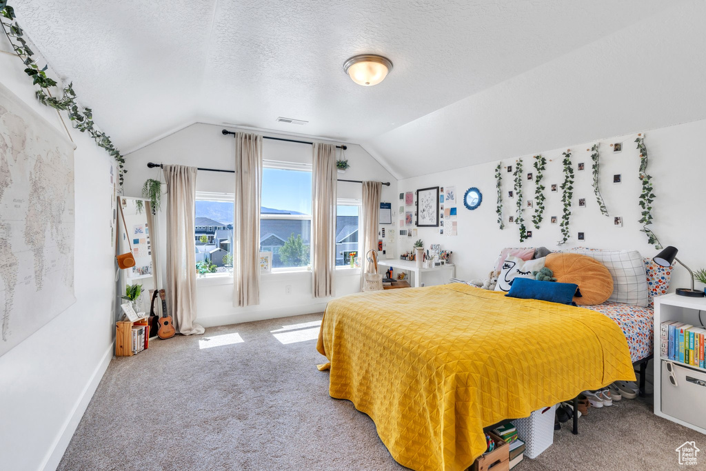 Carpeted bedroom with vaulted ceiling, a textured ceiling, and baseboards