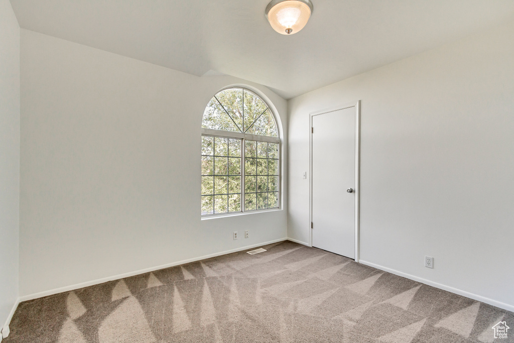 Unfurnished room featuring plenty of natural light, carpet flooring, baseboards, and vaulted ceiling