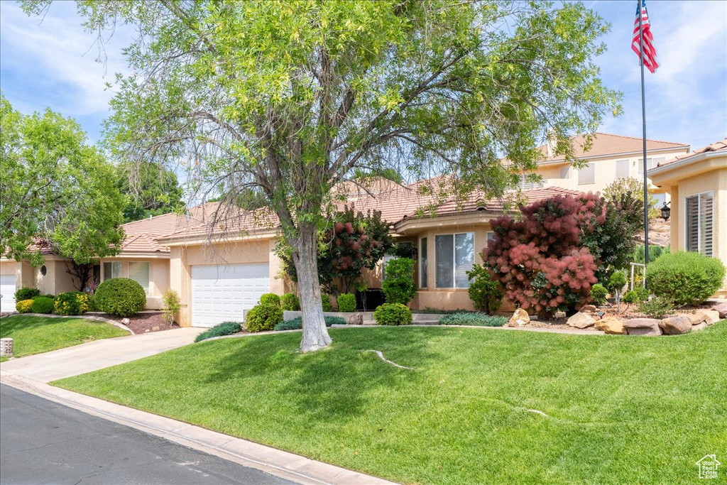 View of property hidden behind natural elements featuring a garage, stucco siding, driveway, a front yard, and a tile roof