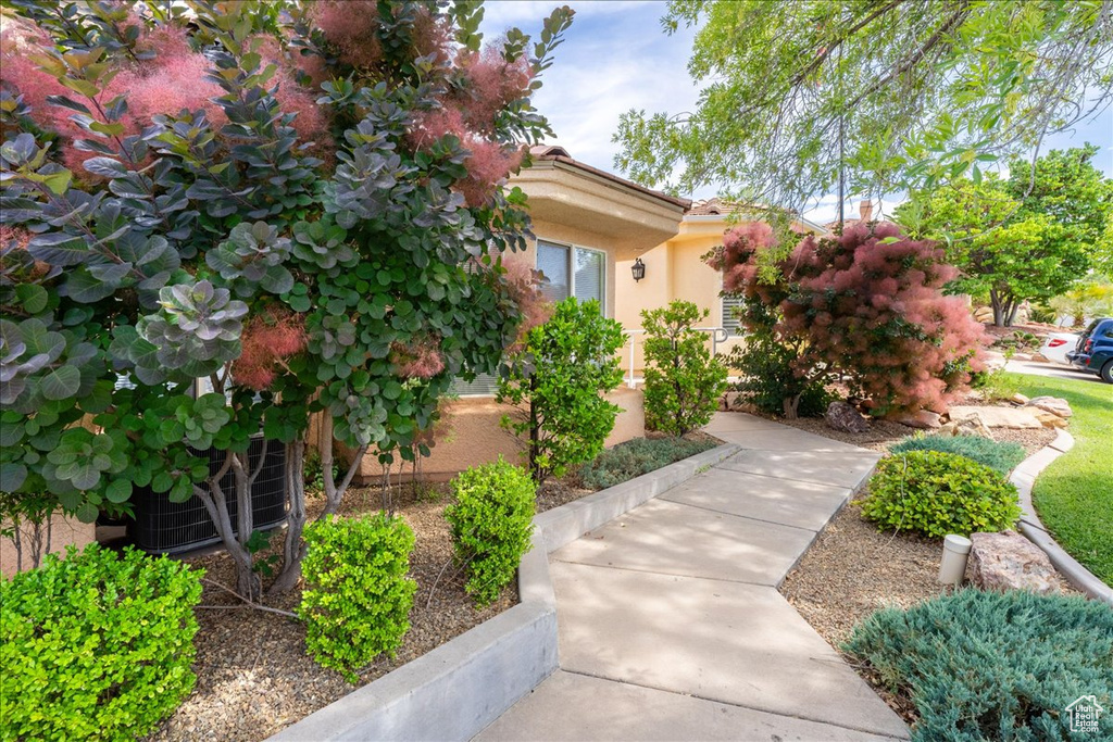 Entrance to property with stucco siding