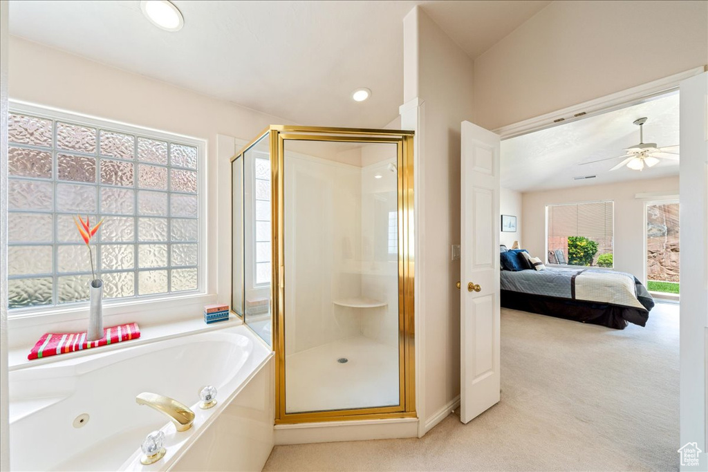 Ensuite bathroom with a shower stall, a tub with jets, a ceiling fan, and recessed lighting