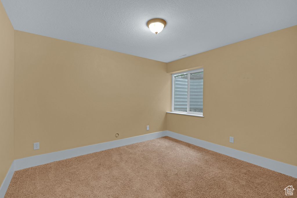Unfurnished room featuring light carpet, baseboards, and a textured ceiling