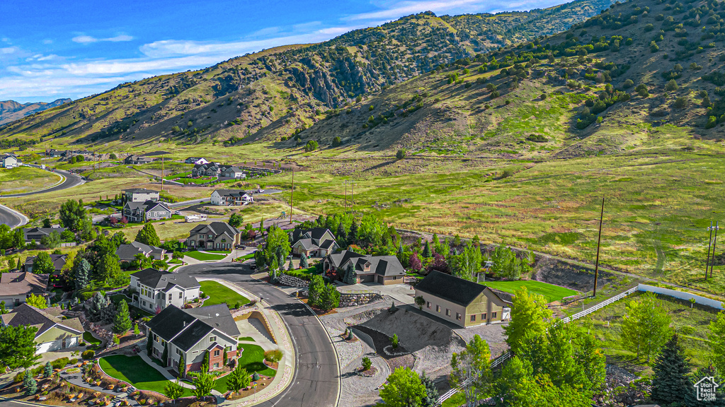 Aerial perspective of suburban area with mountains