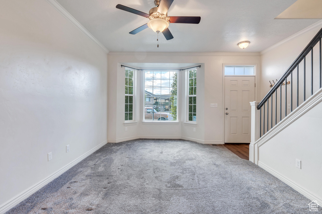 Carpeted entryway with ornamental molding, stairway, baseboards, and ceiling fan