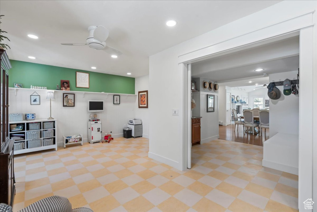 Playroom featuring a ceiling fan and recessed lighting