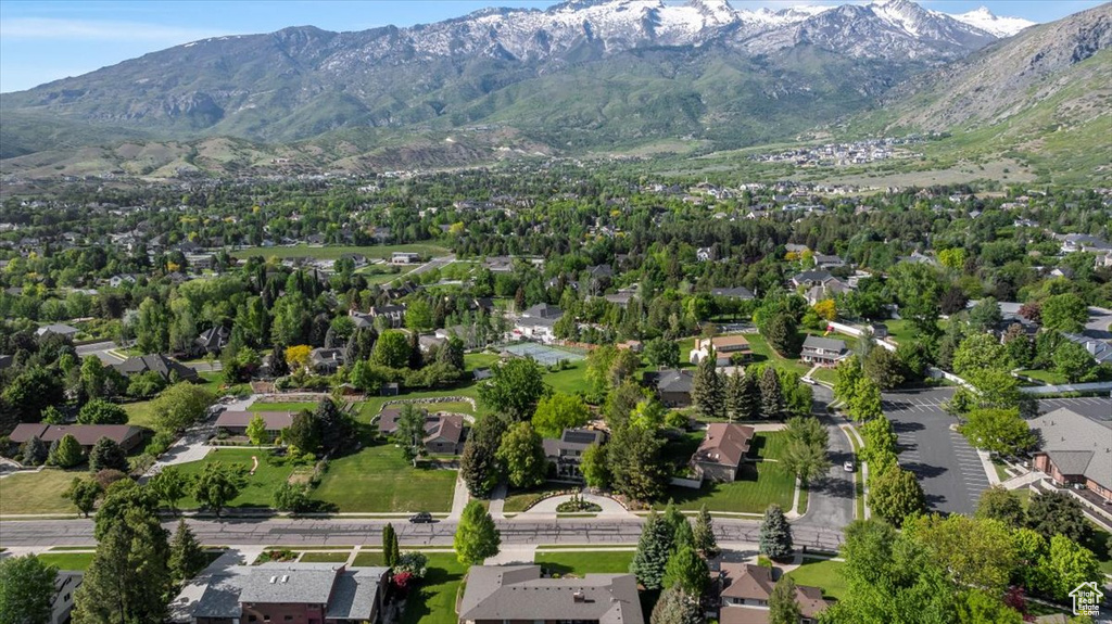 Aerial view of residential area with a mountain backdrop