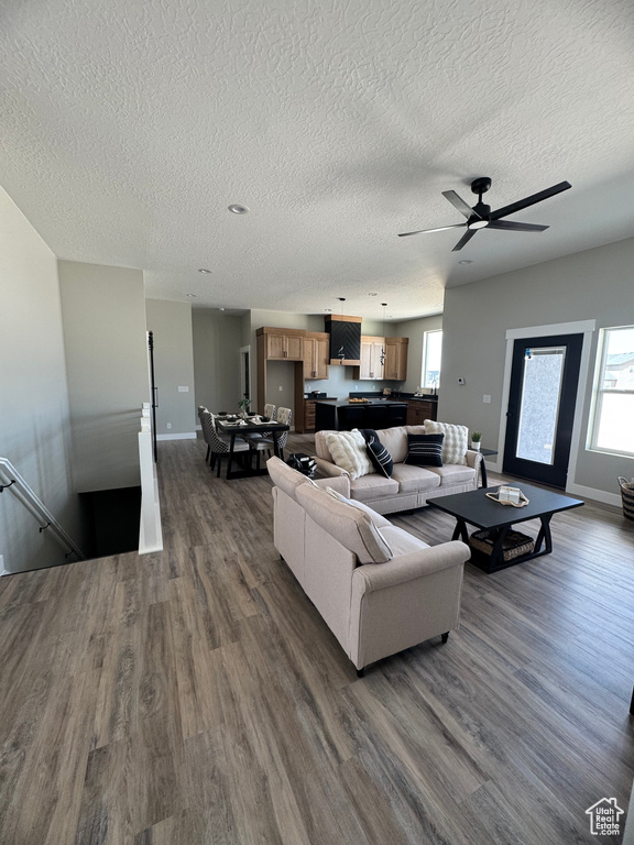 Living room featuring dark wood-type flooring, plenty of natural light, a textured ceiling, baseboards, and ceiling fan