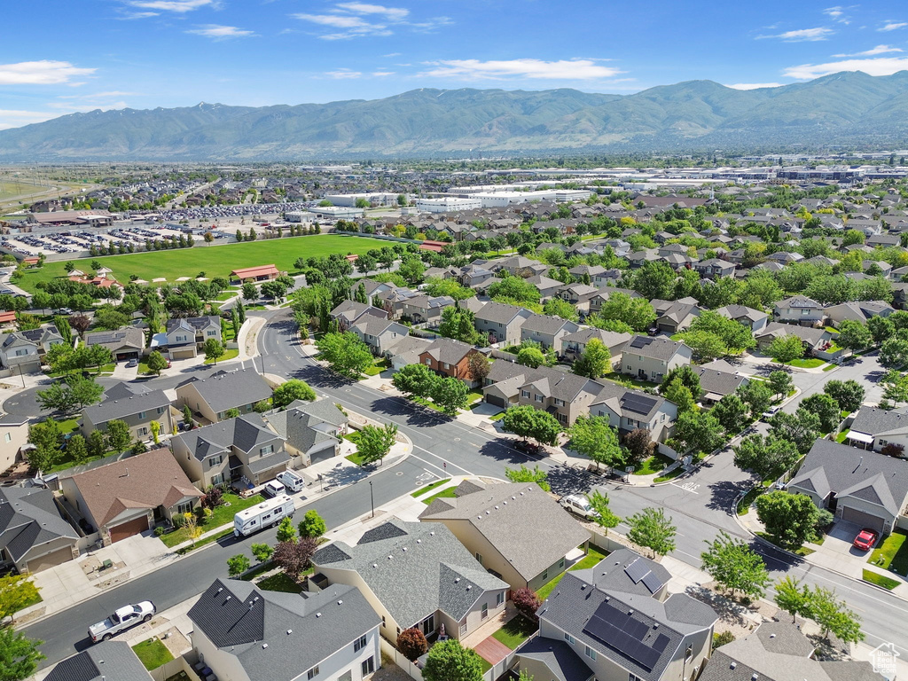 Aerial perspective of suburban area with mountains